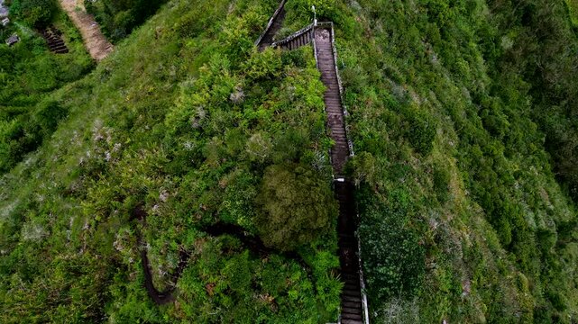 Drone View of Long Stairway on Green Hillside at El Panecillo Quito Ecuador, Urban Landmark Access Path, Mountain Vegetation and Travel Landscape