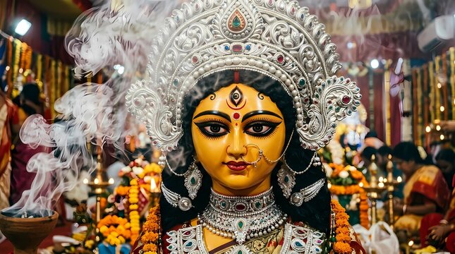 Close Up Face of Goddess Durga Idol Amidst Dhunuchi Smoke
