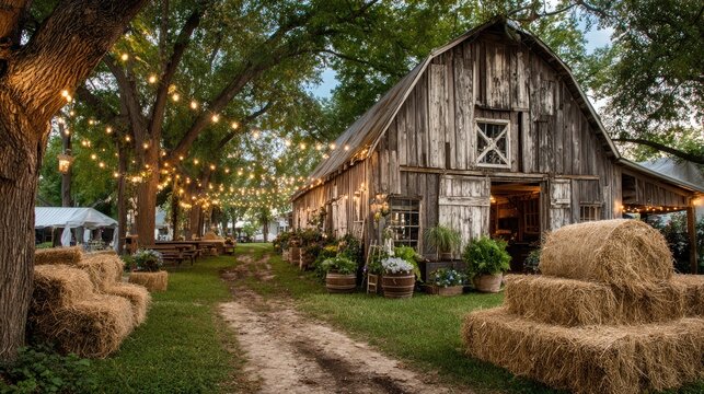 Rustic barn, festooned with string lights, surrounded by trees and hay bales.  A pathway leads to the building