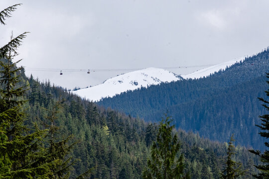 Views of Whistler and Blackcomb mountains from Lost Lake with cable cars 