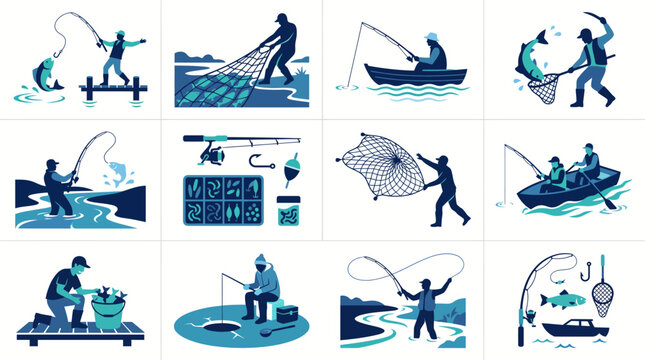 Minimalist Fishing Vector Set, Angler Casting Rod and Fish Net Silhouette Illustration Collection