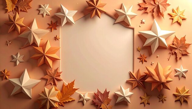 Cozy autumn 3D star background in terracotta, dusty orange and cream with maple leaves and frame copy space