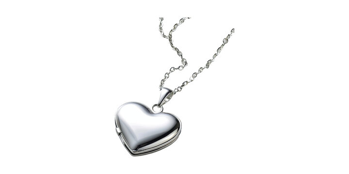 Silver heart locket necklace on white background, polished metal heart pendant with chain, romantic jewelry gift for anniversary