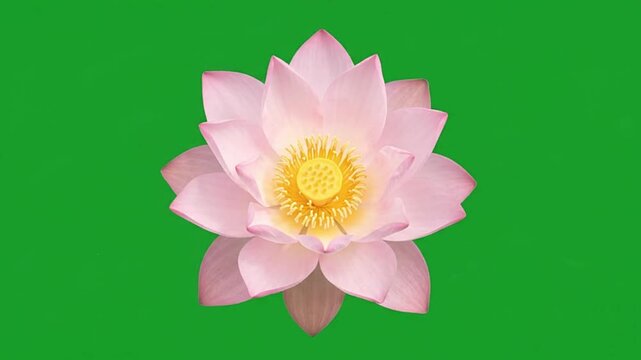 Beautiful blooming lotus flower footage showing soft pink petals slowly opening against a vibrant green chroma key backdrop video motion