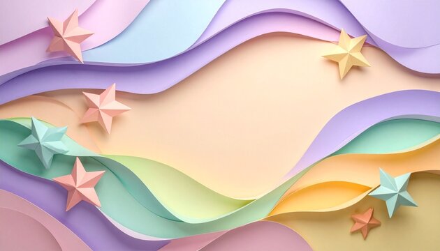 Pastel papercraft background with layered paper stars and smooth cut paper waves in lavender, mint and peach