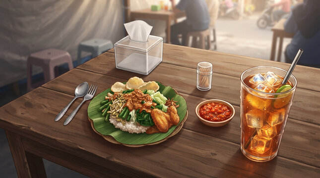 Traditional Indonesian pecel salad rice served with peanut sauce, fried chicken, and iced tea.