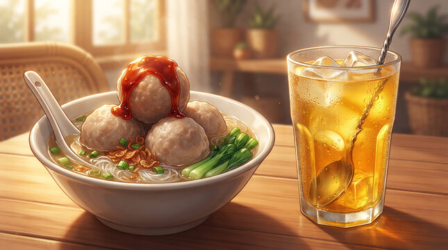Indonesian beef meatball soup bakso served with noodles, bok choy, and sweet iced tea.