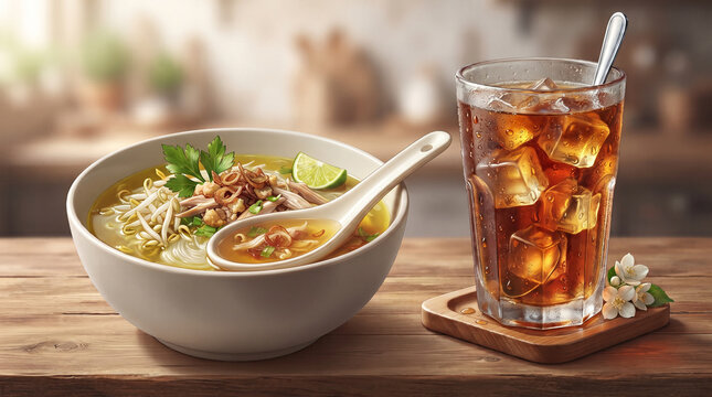Indonesian chicken noodle soup soto ayam served with bean sprouts and refreshing iced tea.