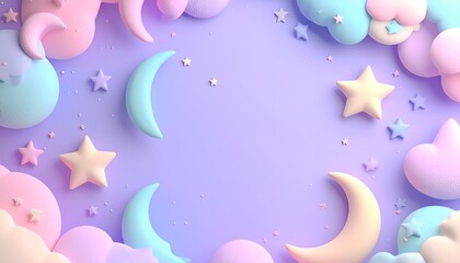 Fototapeta premium Whimsical pastel 3D background with crescent moons, rounded stars and clouds in lavender, baby blue and pink