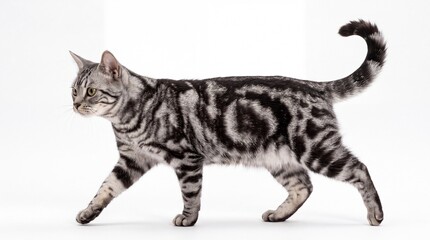 Fototapeta premium A cute tabby cat walking sideways on a clean surface