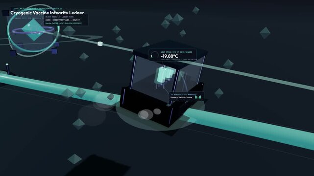3D animation of a cryogenic vaccine integrity ledger tracking cold chain logistics, showing temperature sensors, hash nodes, and stable potency data to ensure safe pharmaceutical distribution