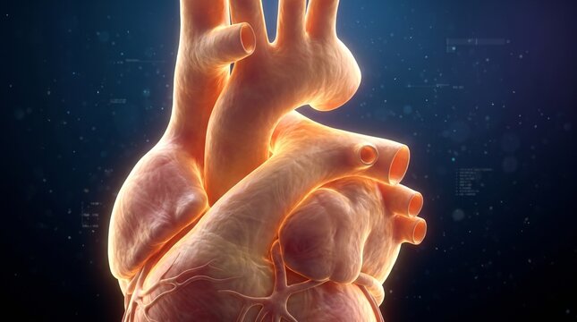 3D medical illustration of a human heart showing detailed anatomy including aorta and cardiac chambers against a digital blue background with data elements.