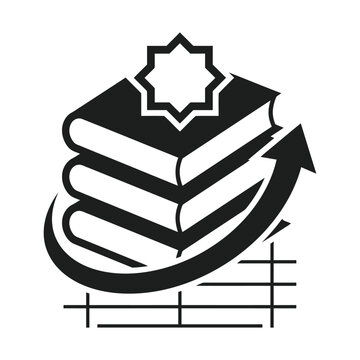 Islamic education vector icon. Stack of books with octagram star and arrow. Religious learning and academic growth.