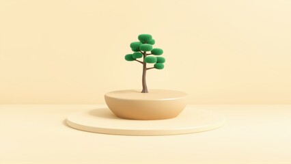 Obraz premium Minimalist tree sculpture sits atop pedestal. Soft beige background creates calm, serene presentation. Simple form, elegant design.