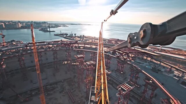 High angle POV from tower crane jib overlooking massive stadium construction site near river