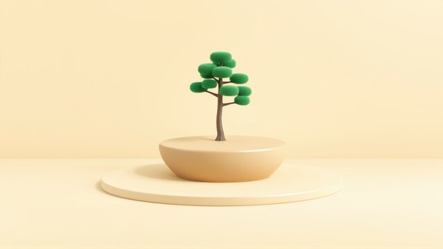 Minimalist tree sculpture sits atop pedestal. Soft beige background creates calm, serene presentation. Simple form, elegant design.