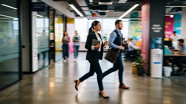 Professional Business Person Walking Through a Modern Corporate Office During a Busy Workday.