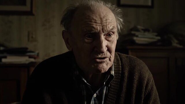 Close-up of an elderly person indoors, with the elderly telling close-ups of the past