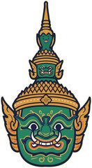 Fototapeta premium Thai Guardian Giant Mask: A vibrant, traditional Thai guardian giant mask, known as Yak Wat Arun, with its striking green face, ornate headdress, and fierce expression.