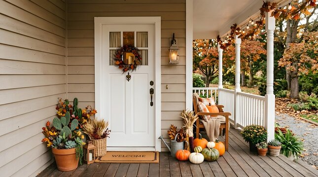 Carved pumpkins and autumn flowers decorating a house porch for Halloween
