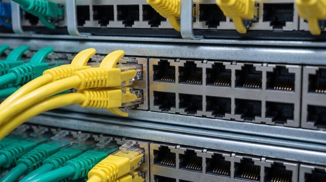 ethernet cables plugged into network switch