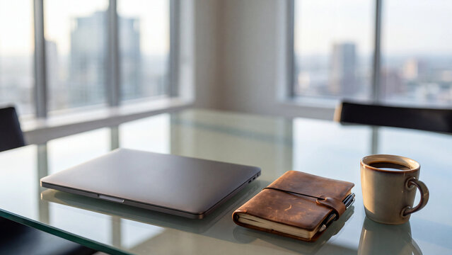 Laptop rests on a glass conference table next to a leather notebook and a mug of black coffee.