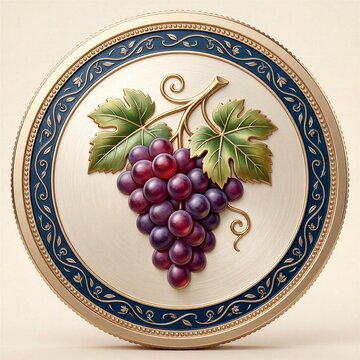 Ornate Gold and Navy Grape Cluster Medallion with Vine Leaves Decorative Coin