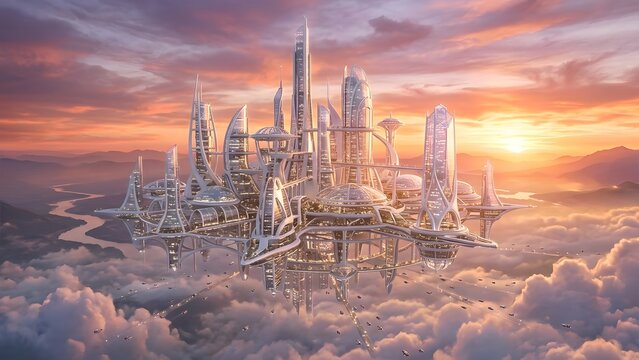Futuristic floating city with gleaming towers amidst clouds at sunset