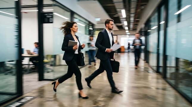 Professional Business People Running Hurriedly Through Corporate Office Hallway in Morning Rush