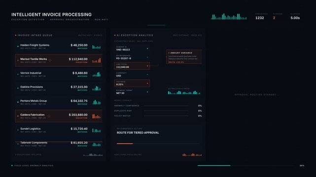 An intelligent invoice processing dashboard displays exception detection and approval workflows with animated visuals in a modern enterprise interface.