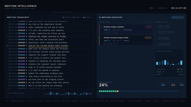 An intelligent meeting assistant transforms action items into coordinated business tasks, featuring sleek animations and a sophisticated dark workspace design.