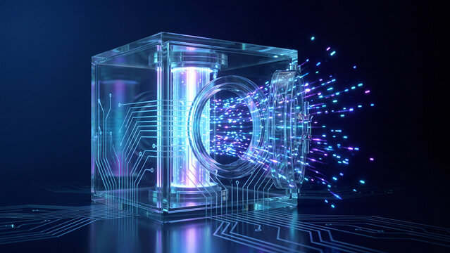Quantum processing unit glowing inside a glass futuristic cube with digital data stream particles.
