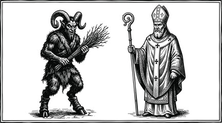 Obraz premium Saint Nicholas standing alongside horned Krampus devil figure carrying birch sticks in rectangular frame vector (16 words)