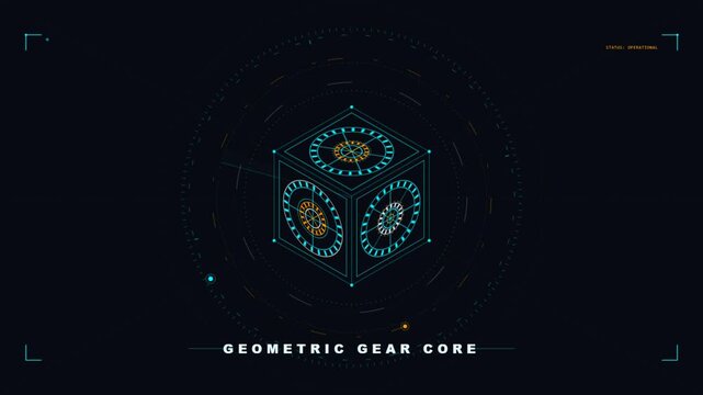 Rotating holographic cube with glowing cybernetic interface elements in a dark room