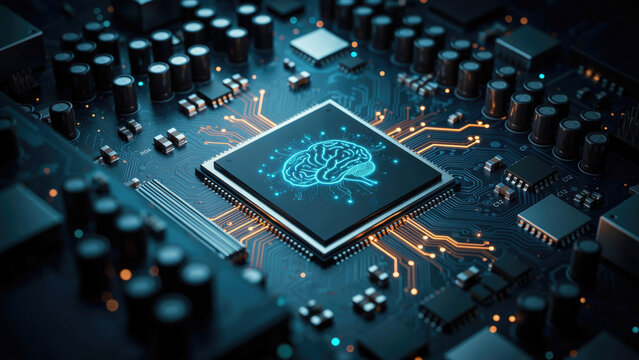 Artificial intelligence brain icon glowing on a central processing unit circuit board with complex motherboard circuitry computer processor mounted digital
