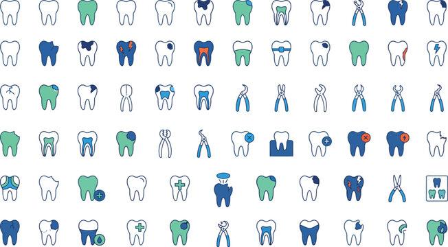 Large bundle of dental anatomy icons featuring tooth decay types surgical pliers caries treatment root canal procedures and tooth extraction blue line vector graphics.