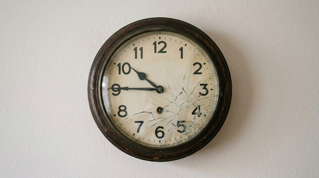 Vintage Wall Clock with Cracked Glass on White Wall