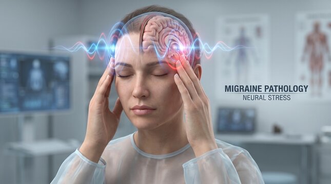 Medical illustration of a woman suffering from a severe migraine headache with a transparent anatomical brain overlay and glowing neural stress waves in a clinical setting