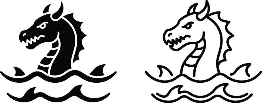 Mythical sea monster dragon icons, black and white serpent head vector set, medieval aquatic creature illustrations for logos