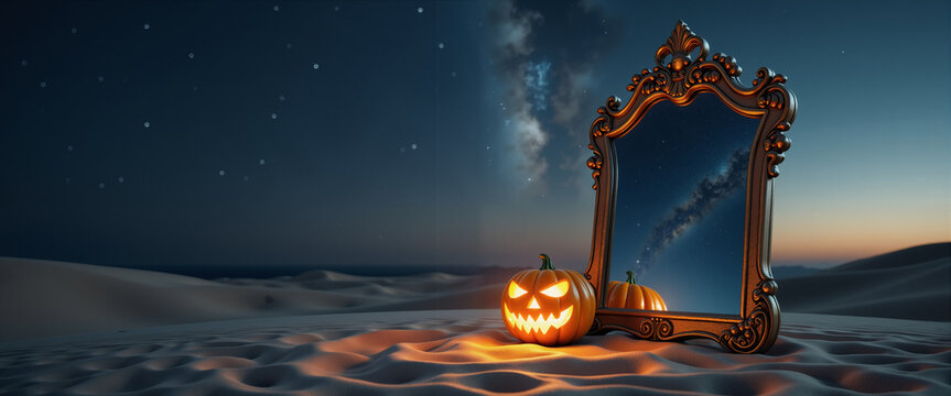Ornate desert mirror reflecting starry sky with glowing pumpkin for fantasy art, mystical blog posts, Halloween themes, and surreal website backgrounds