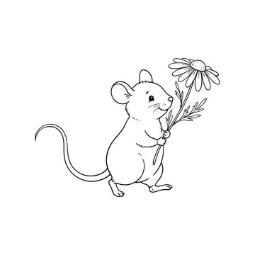 Cute cartoon mouse holding a delicate white flower while standing on hind legs
