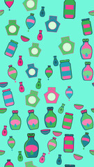 Seamless pattern of colorful bottles, jars, and bowls