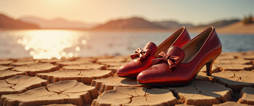 Ruby-red slippers abandoned on cracked desert floor with heat mirage for fantasy blog posts, fashion editorials, and creative website backgrounds