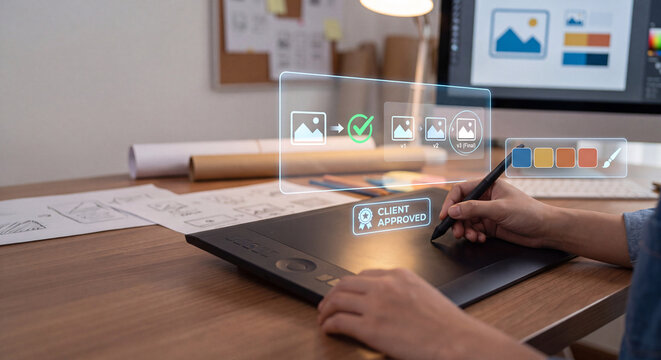 designer holds glowing creative approval hologram with version history strip and client approved badge to verify design sign off, confirm revision status, manage creative workflow