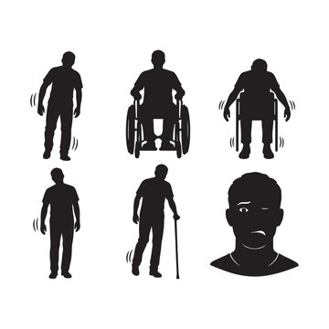 Mobility Disability Silhouette Collection Vector, Walking Person, Wheelchair Users and Crutch User