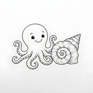Cute cartoon octopus sitting beside a seashell line art illustration on white background