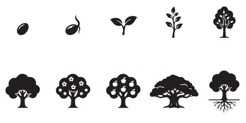 Obraz premium Set of black nature and wildlife icons featuring plant growth stages and animals in flat vector style. A collection of minimalist black icons depicting life cycles of plants, insects, and small animal