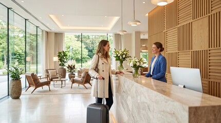 Fototapeta premium Woman checking in at a modern luxury hotel reception desk with luggage
