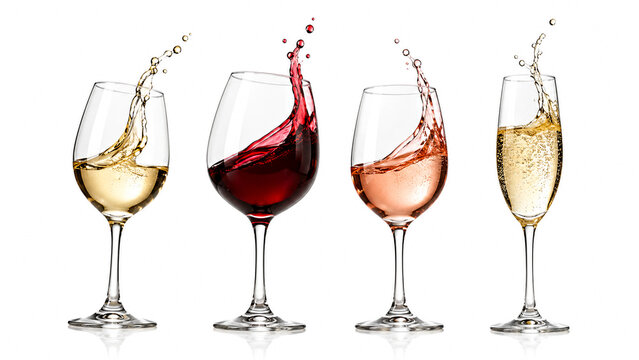 Four wine glasses splashing white red rose and champagne isolated on white background.