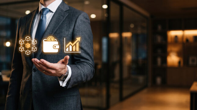Fintech trader holding cryptocurrency wallet, blockchain asset investment and finance profit growth.